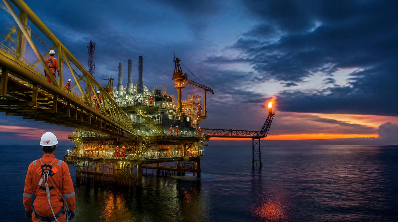 Offshore oil and gas production platform at dusk